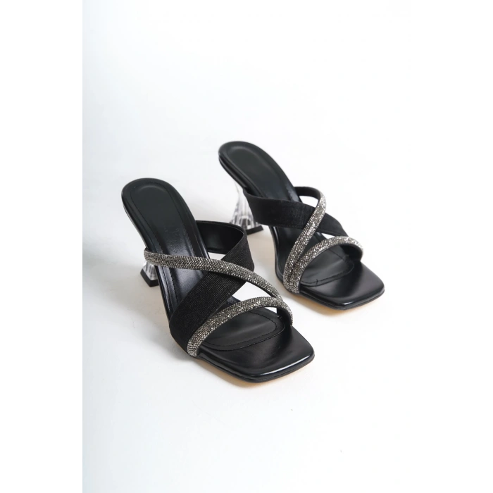 Cindy Kadın Taşlı Bantlı Şeffaf Topuk Siyah Terlik
