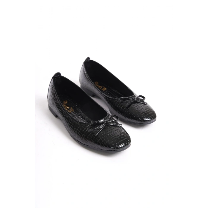 Dianora Kadın Günlük Babet Yuvarlak Burun Balerin Siyah Timsah Derisi Düz Babet