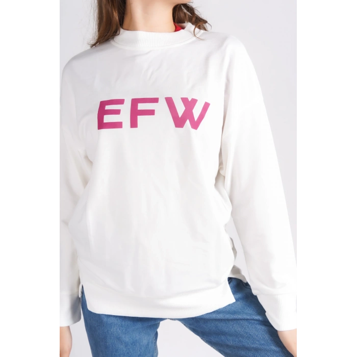 EFW Pembe Baskılı Beyaz Bisiklet Yaka Basic Yumuşak Dokulu Salaş Sweatshirt