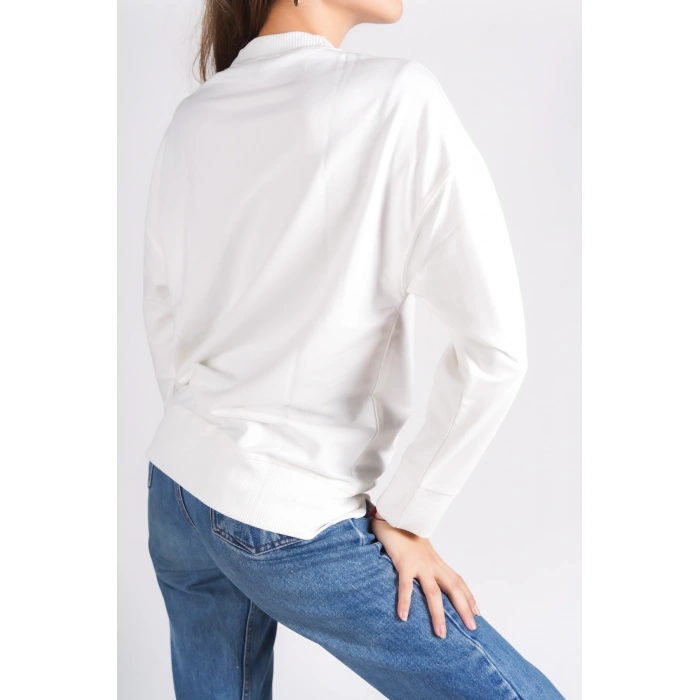 EFW Pembe Baskılı Beyaz Bisiklet Yaka Basic Yumuşak Dokulu Salaş Sweatshirt