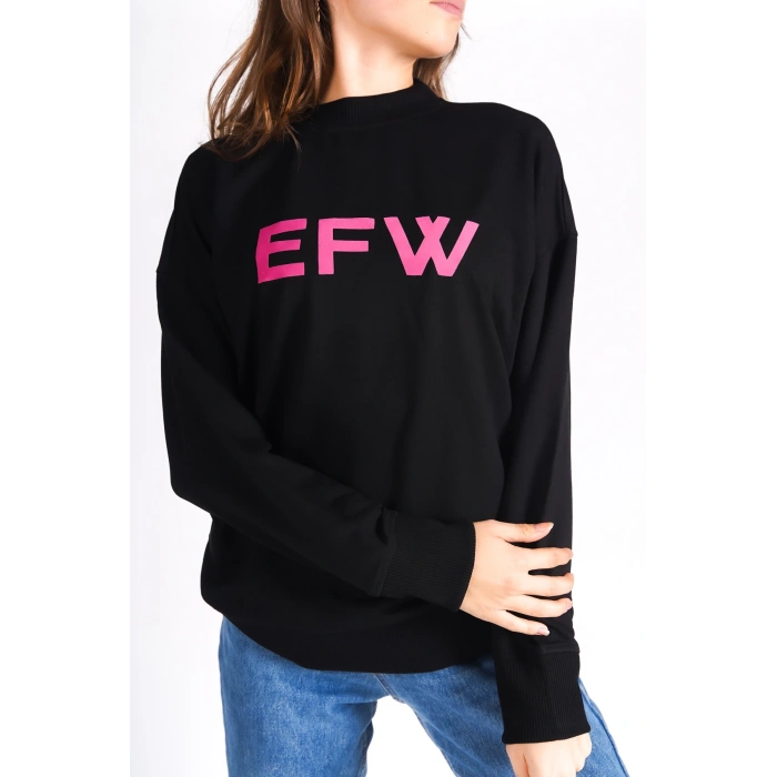 EFW Pembe Baskılı Siyah Bisiklet Yaka Basic Yumuşak Dokulu Salaş Sweatshirt