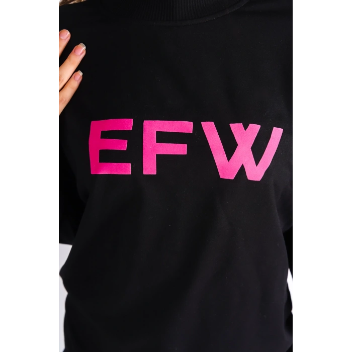 EFW Pembe Baskılı Siyah Bisiklet Yaka Basic Yumuşak Dokulu Salaş Sweatshirt