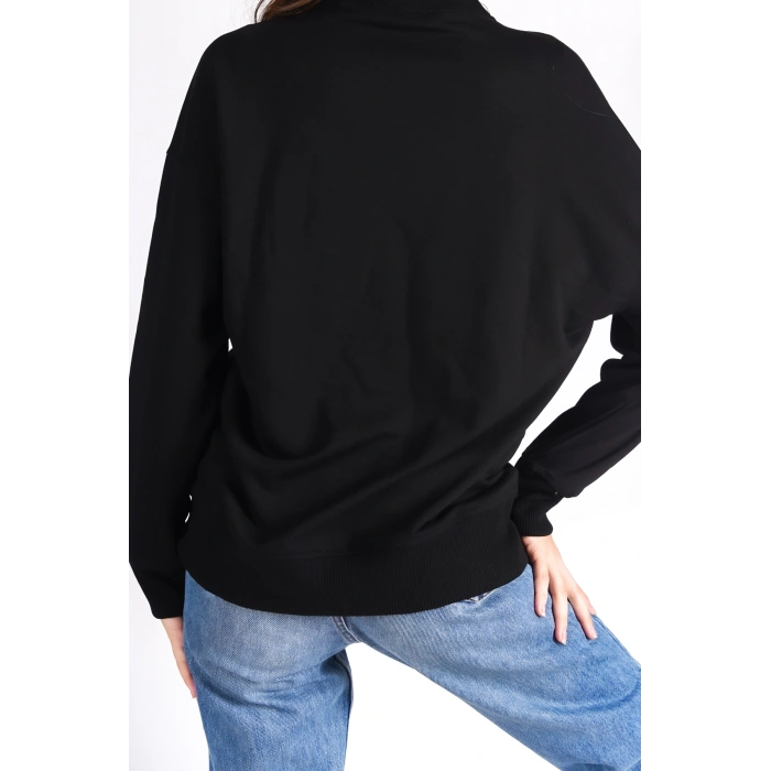 EFW Pembe Baskılı Siyah Bisiklet Yaka Basic Yumuşak Dokulu Salaş Sweatshirt