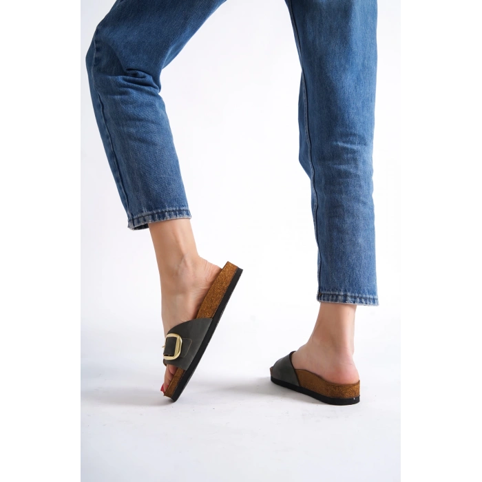 Grazia Kadın Kalın Tek Toka Haki Terlik