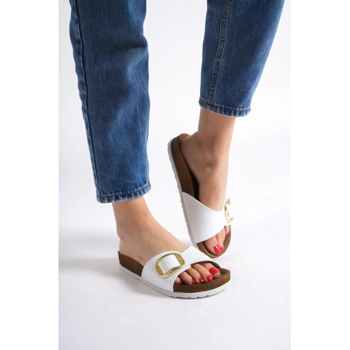 Grazia Kadın Kalın Tek Toka Beyaz Terlik