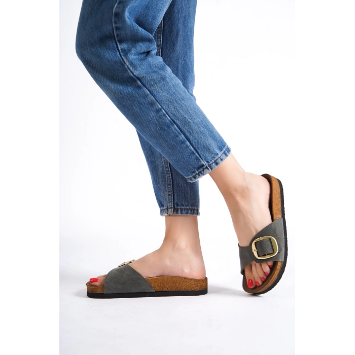 Grazia Kadın Kalın Tek Toka Haki Terlik