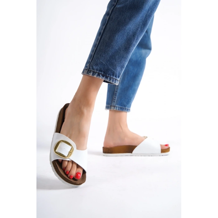 Grazia Kadın Kalın Tek Toka Beyaz Terlik