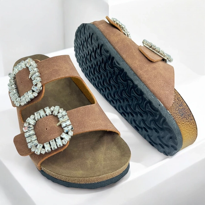 İLYADA TAŞLI ÇİFT TOKA KADIN KAHVERENGİ TERLİK