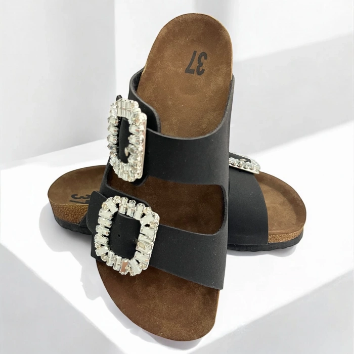 İLYADA TAŞLI ÇİFT TOKA KADIN MAT SİYAH TERLİK