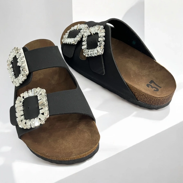 İLYADA TAŞLI ÇİFT TOKA KADIN MAT SİYAH TERLİK