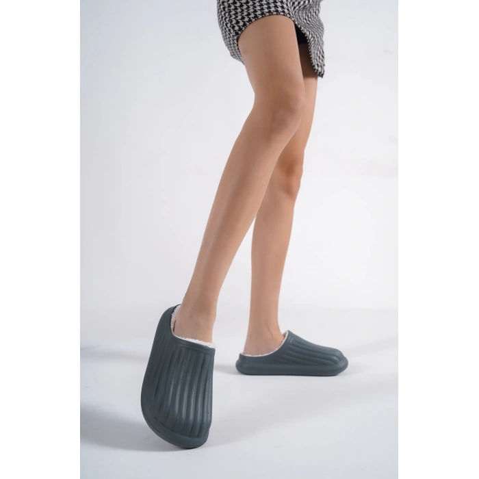 Inverna Faylon Taban Içi Tüylü Kadın Gri Ev Terliği