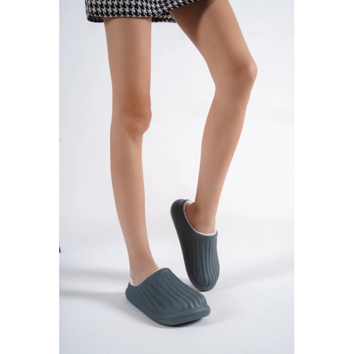 Inverna Faylon Taban Içi Tüylü Kadın Gri Ev Terliği