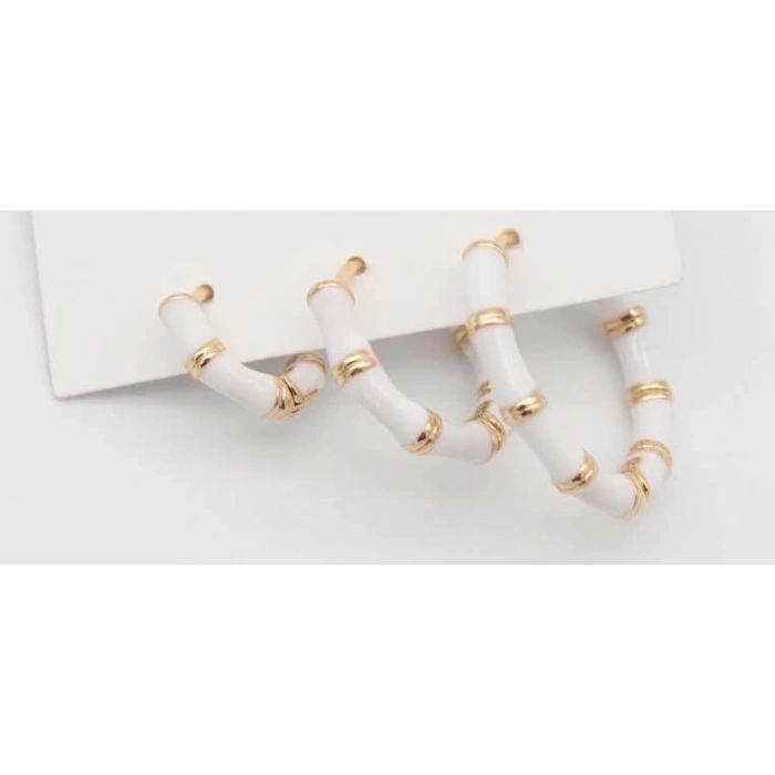 Kadın 3lü Beyaz Gold Detaylı Çelik Küpe