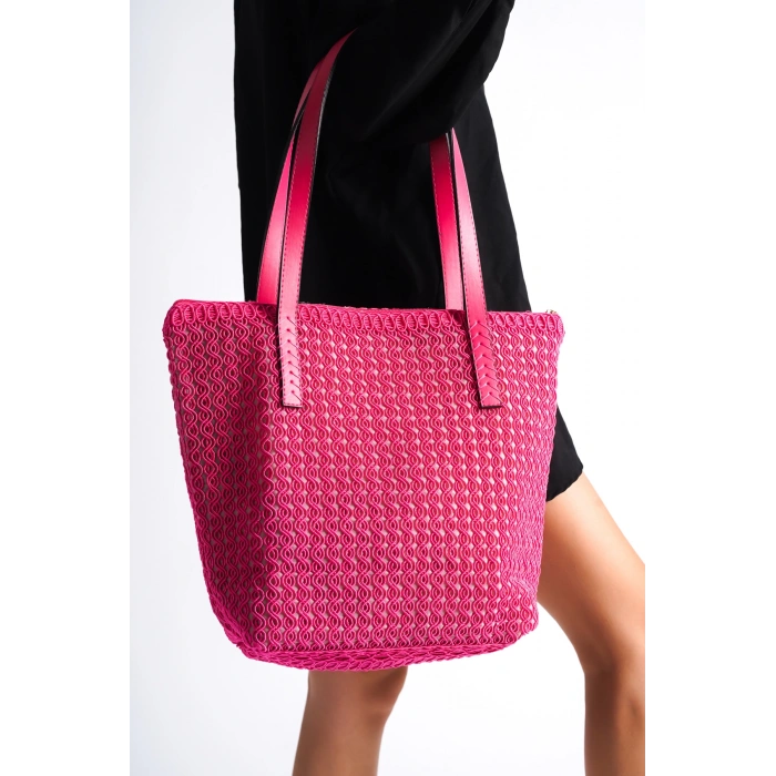 Laura Nakış Hasır Pembe Kadın Omuz Çanta