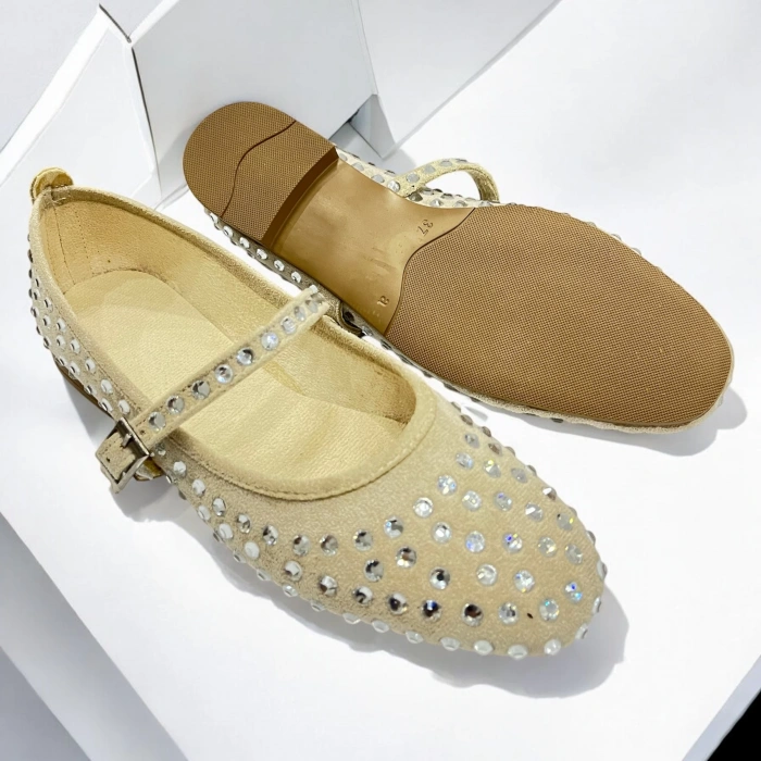 Marry Kadın Baretli Krem Şeffaf Taşlı Babet Ayakkabı