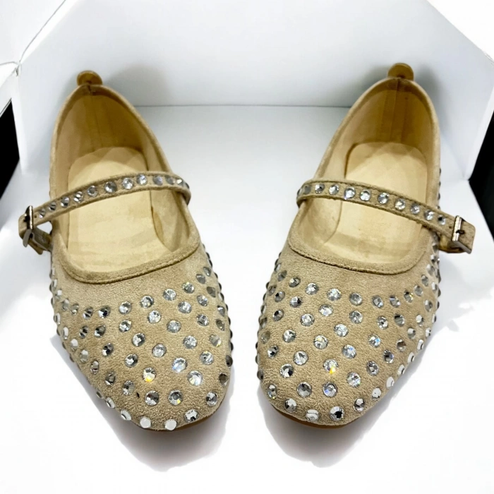 Marry Kadın Baretli Krem Şeffaf Taşlı Babet Ayakkabı