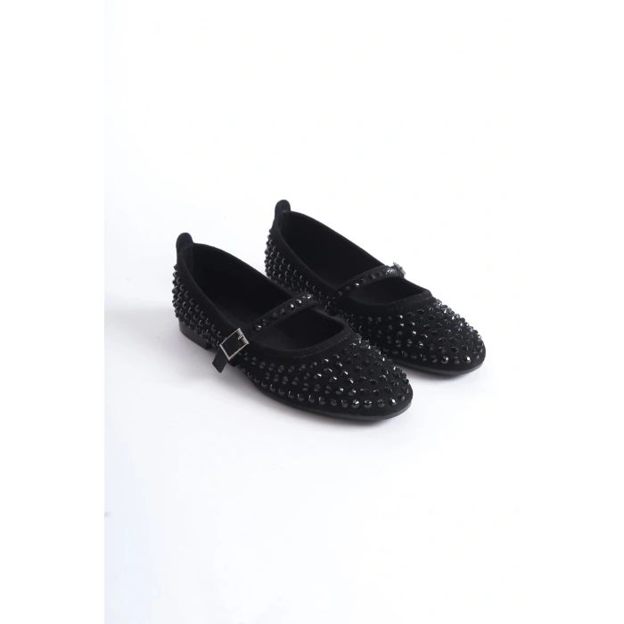 Marry Kadın Baretli Taşlı Babet Ayakkabı Siyah
