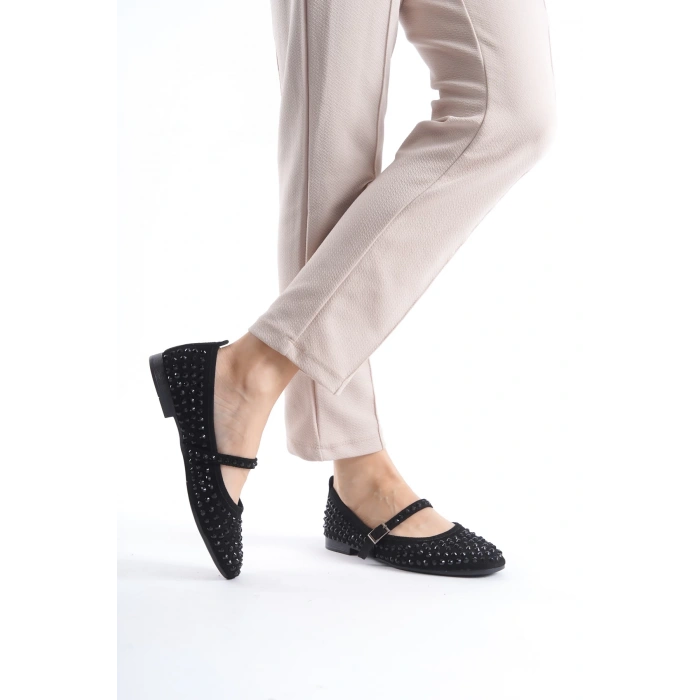 Marry Kadın Baretli Taşlı Babet Ayakkabı Siyah