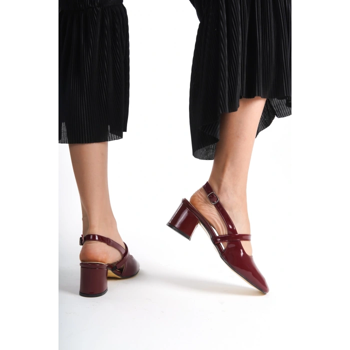 Marry Kare Burunlu Kare Ökçeli Kadın Bordo Rugan Kalın Topuk Ayakkabı