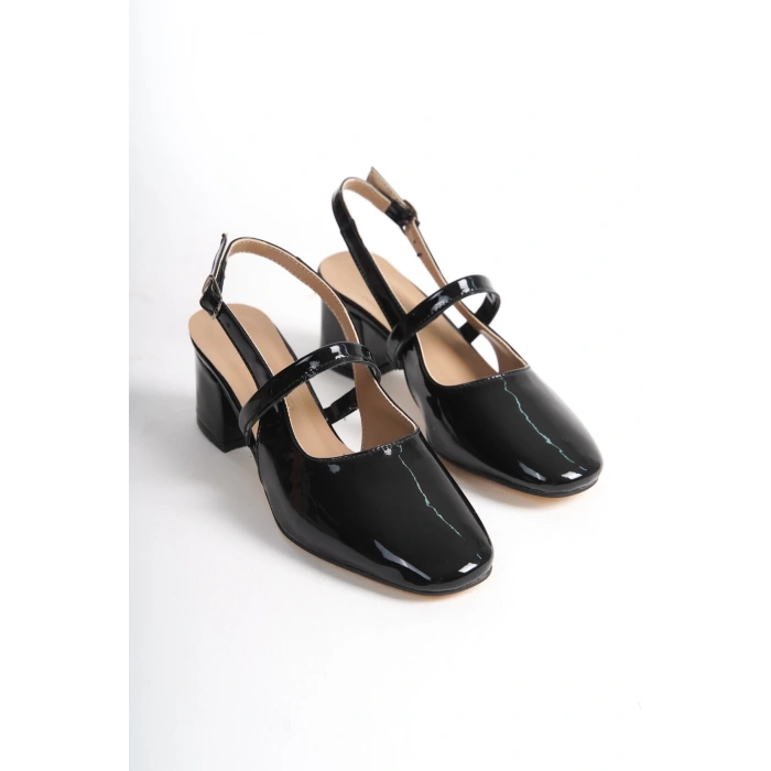 Marry Kare Burunlu Kare Ökçeli Kadın Siyah Rugan Kalın Topuk Ayakkabı