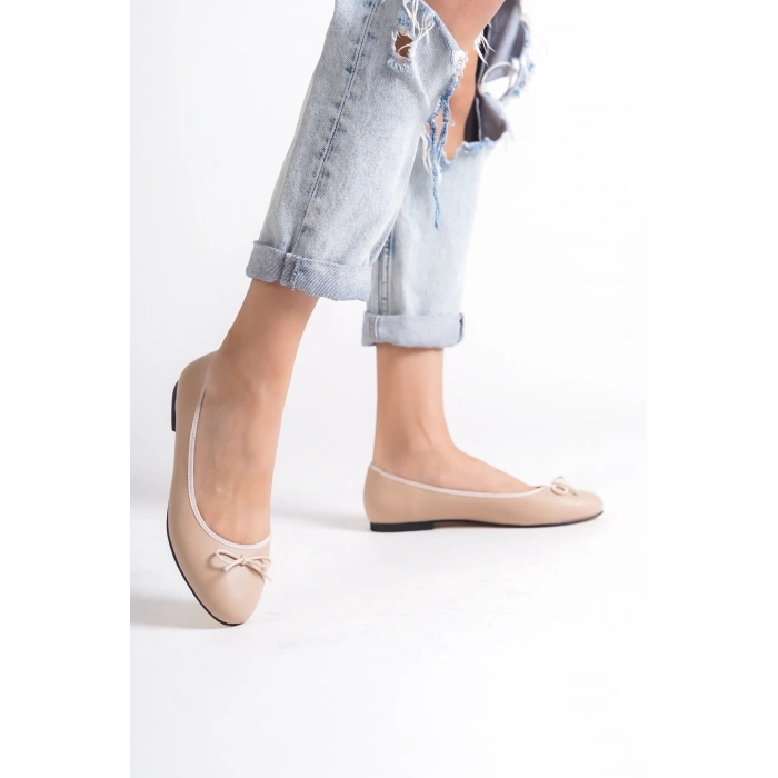 Petinya Kadın Günlük Babet Yuvarlak Burun Balerin Krem Düz Babet