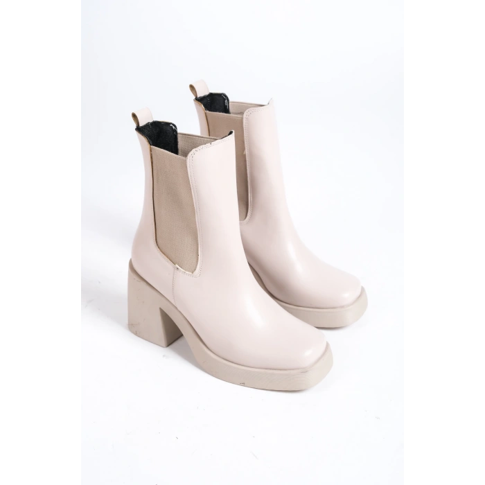 Savino Krem Yandan Lastikli Kalın Taban Topuklu Günlük Deri Kadın Bot