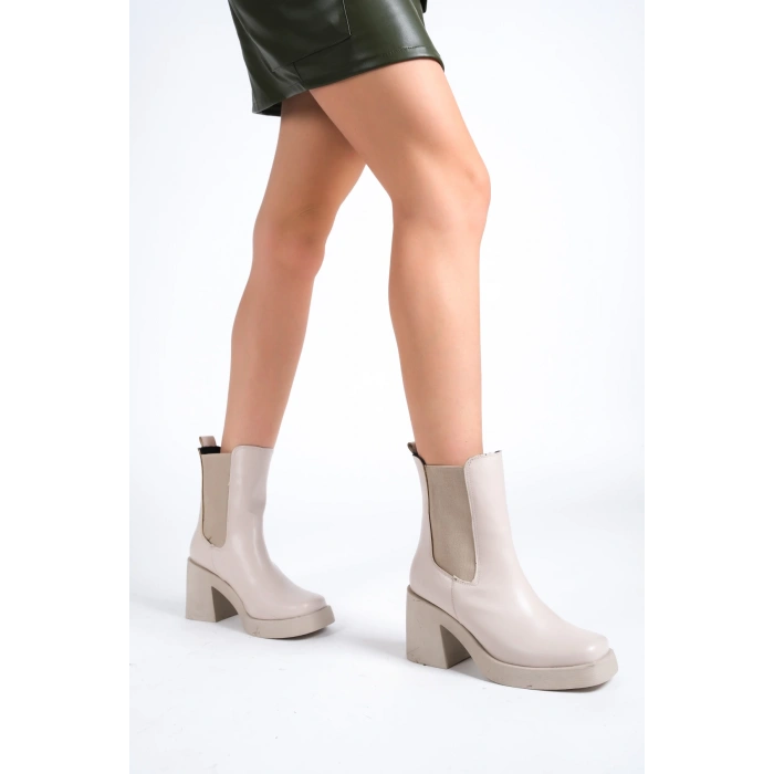 Savino Krem Yandan Lastikli Kalın Taban Topuklu Günlük Deri Kadın Bot