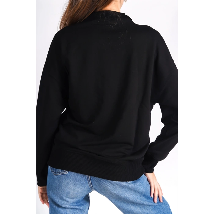 Siyah Bisiklet Yaka Basic Yumuşak Dokulu Salaş Sweatshirt