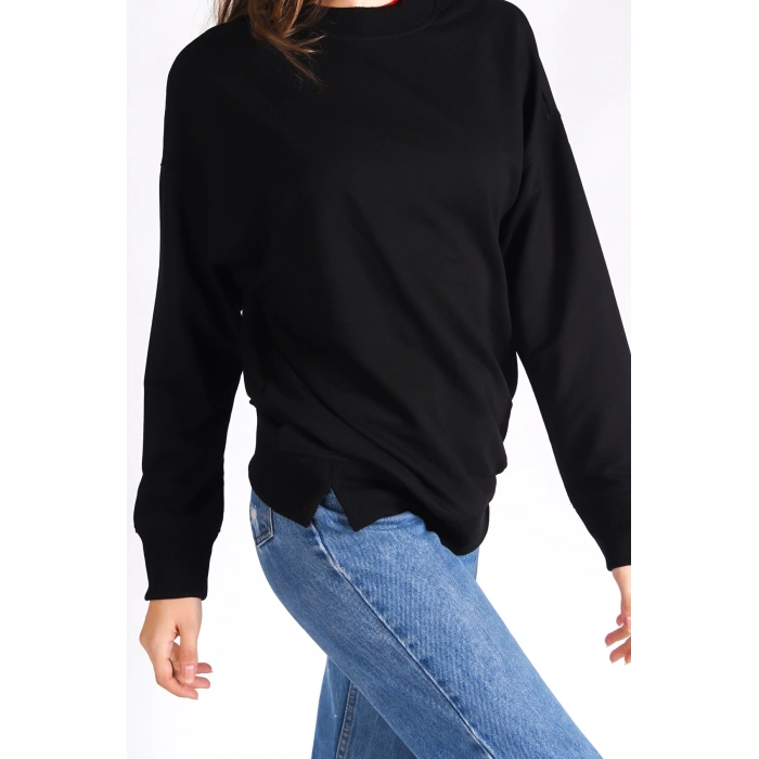 Siyah Bisiklet Yaka Basic Yumuşak Dokulu Salaş Sweatshirt