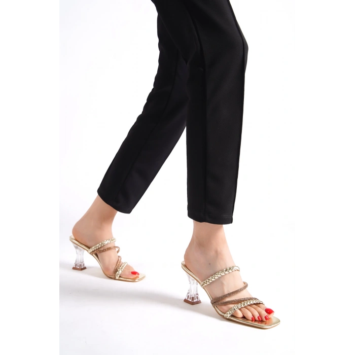 Stella Kadın Örgü,Taşlı Bantlı Şeffaf Topuk Altın Terlik