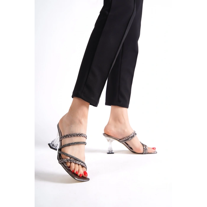 Stella Kadın Örgü,Taşlı Bantlı Şeffaf Topuk Platin Terlik