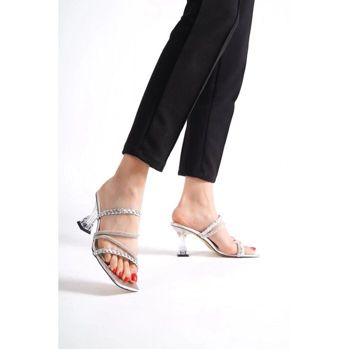 Stella Kadın Örgü,Taşlı Bantlı Şeffaf Topuk Terlik