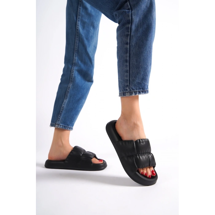 Vento Fırfır Kadın Terlik Günlük Siyah Plaj Deniz Havuz Terliği