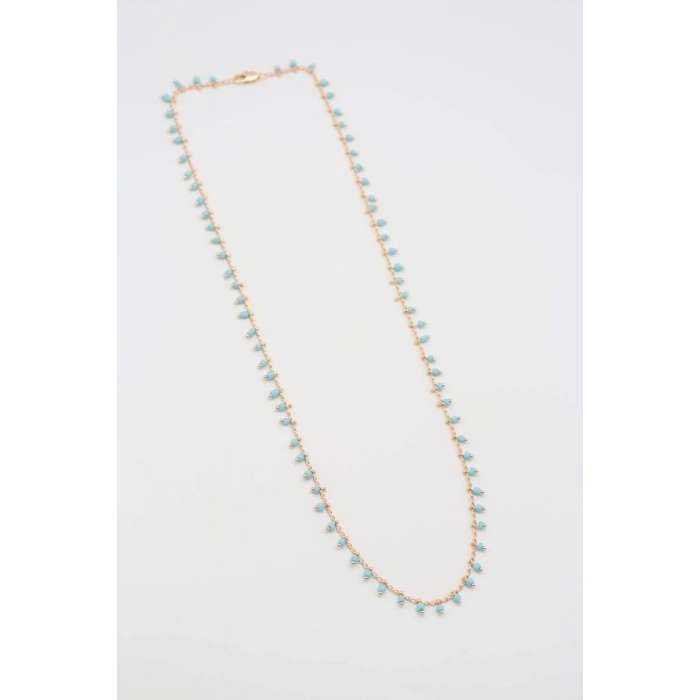 Vıp Serisi Çelik Sıralı Model Mavi Boncuk Detaylı Rose Kolye 50 cm