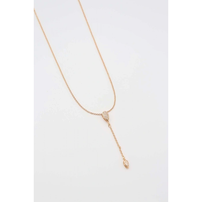 Vıp Serisi Çelik Ucu Taş Detaylı Rose KadınY Kolye 45 cm