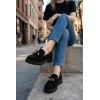 Kadın Yüksek Kaymaz Taban Siyah Süet Boncuklu Bağcıklı Loafer Oxford Ayakkabı