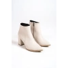 Gisalla Sivri Burun Fermuarlı Bej Suni Deri Kadın Topuklu Günlük Bot