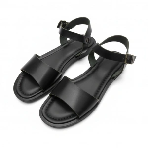 EFW %100 Hakiki Deri Siyah Kalın Tek Bant Kadın Sandalet