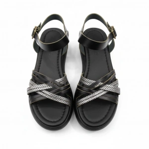 EFW %100 Deri Siyah Gümüş Detaylı Çapraz Kadın Sandalet