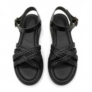 EFW %100 Hakiki Deri Siyah Çapraz Saç Örgülü Kadın Sandalet