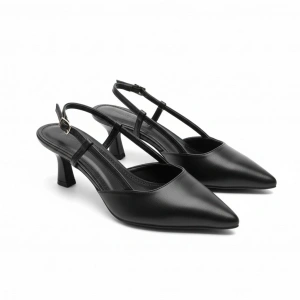 EFW Sivri Burun Siyah Cilt Kemerli Kadın Ayakkabı