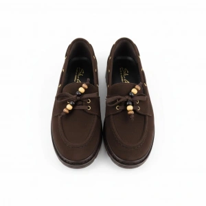 Kadın Yüksek Kaymaz Taban Kahve Süet Boncuklu Bağcıklı Loafer Oxford Ayakkabı