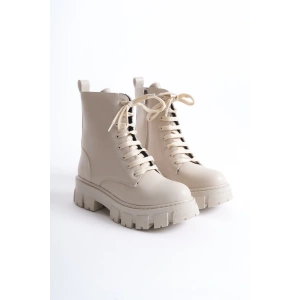 Abra Bej Deri Bağcıklı Yandan Fermuarlı Kadın Postal Bot