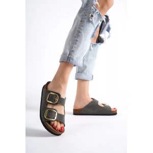 Anetta Kadın Kalın Çift Toka Haki Terlik