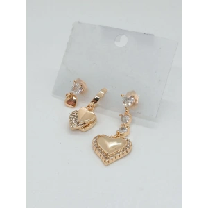 Kadın 3lü Gold Kalp Detaylı Çelik Küpe