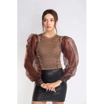 Organze Balon Kol Bluz-KAHVERENGİ