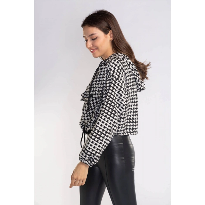 Kazayağı Desenli Kapüşonlu Sweatshirt-DESENLİ