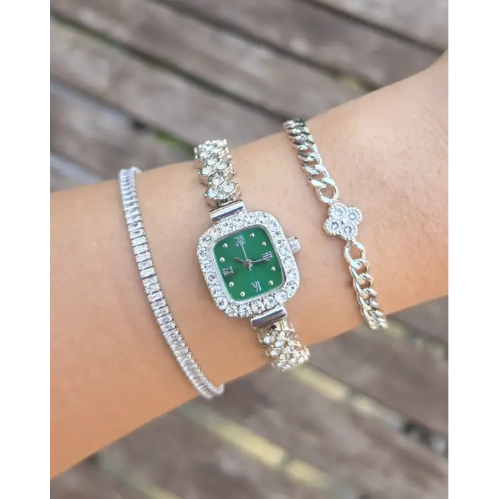 Zirkon Taşlı Silver Metal Kordon Kadın Saat Kombini 3907