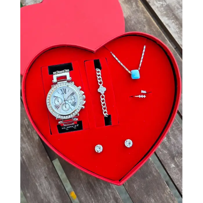 Silver Kolye Küpe Bileklik Saat Seti 0016