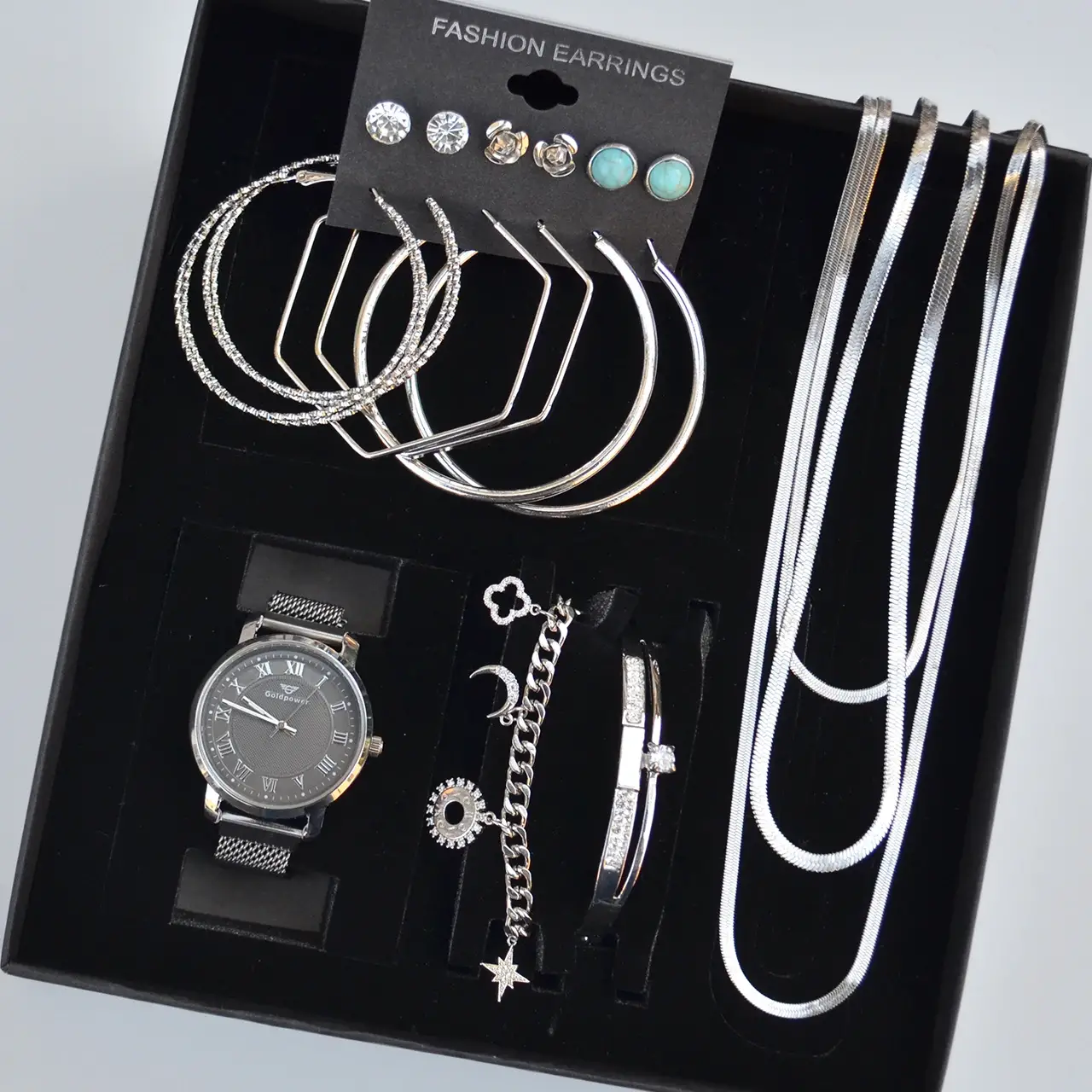 Silver Kolye Küpe Bileklik Saat Seti 3682